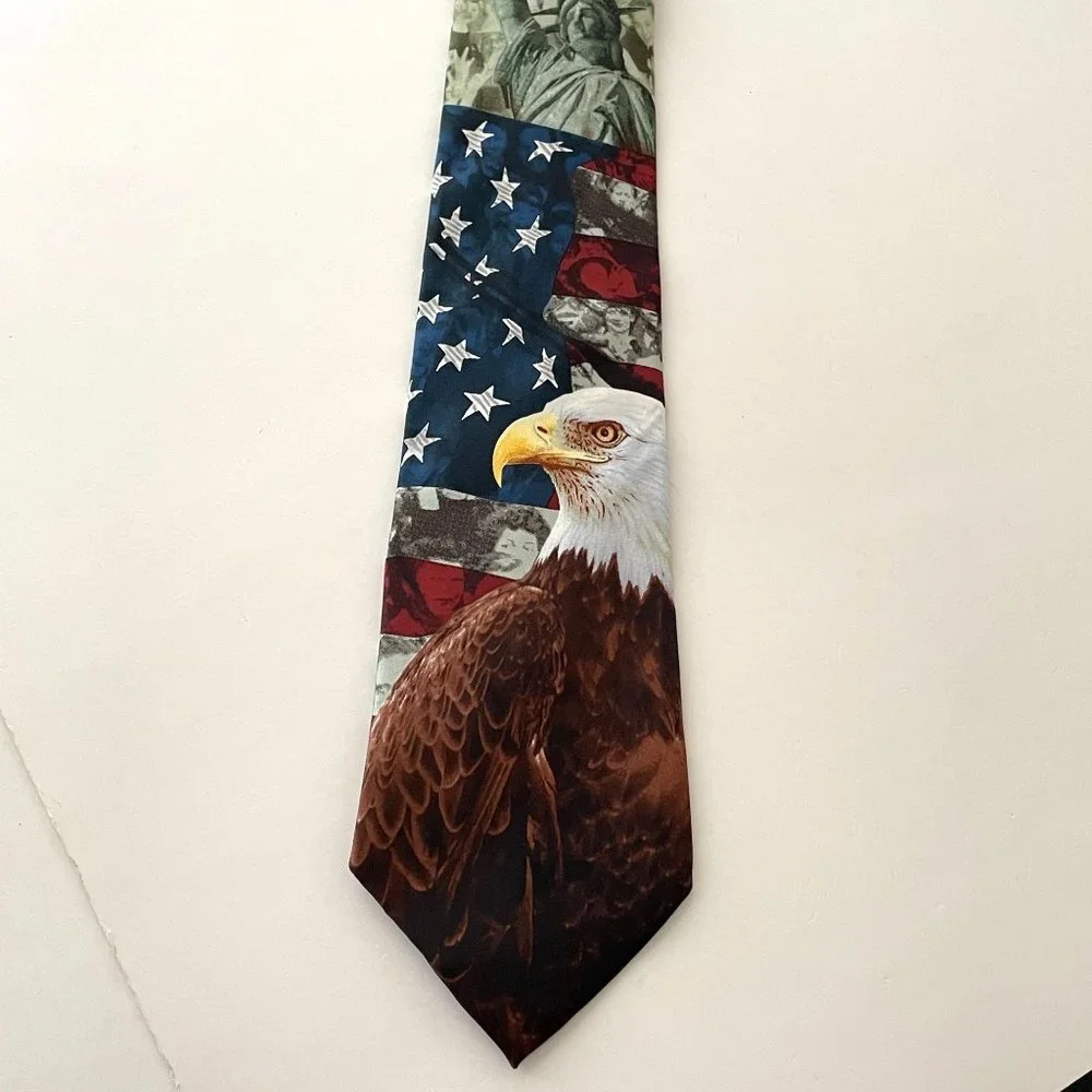 4/$25 Eagles Wings Tie Patriotic Bald Eagle Flag 100% Silk Inspirational Necktie